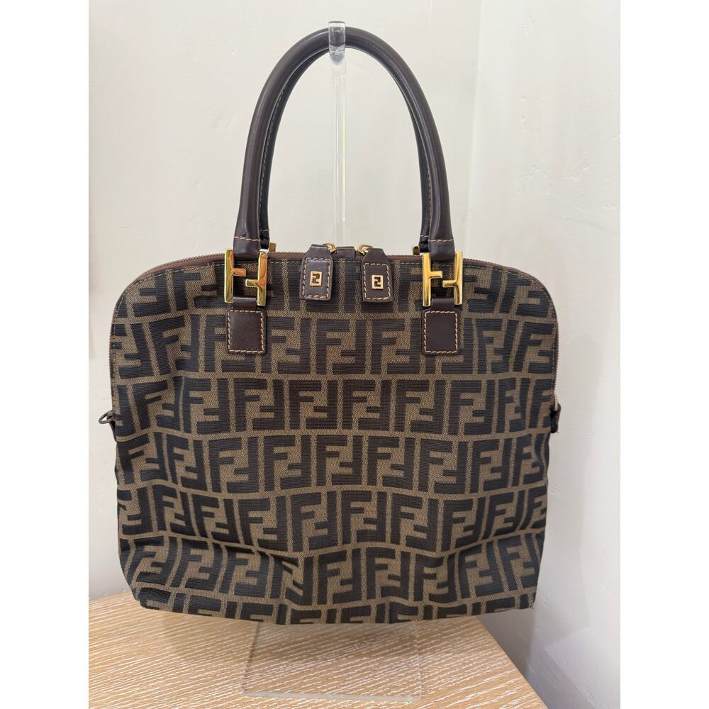 Fendi Medium Zucca Zip Tote Bag Top Handles FF  Spellout Double zip Tote Canvas